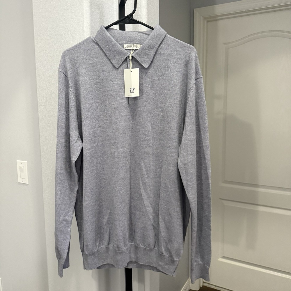 Collars & Co Sweater Mens XL Gray Australian Merino Wool Polo Long Sleeve NWT